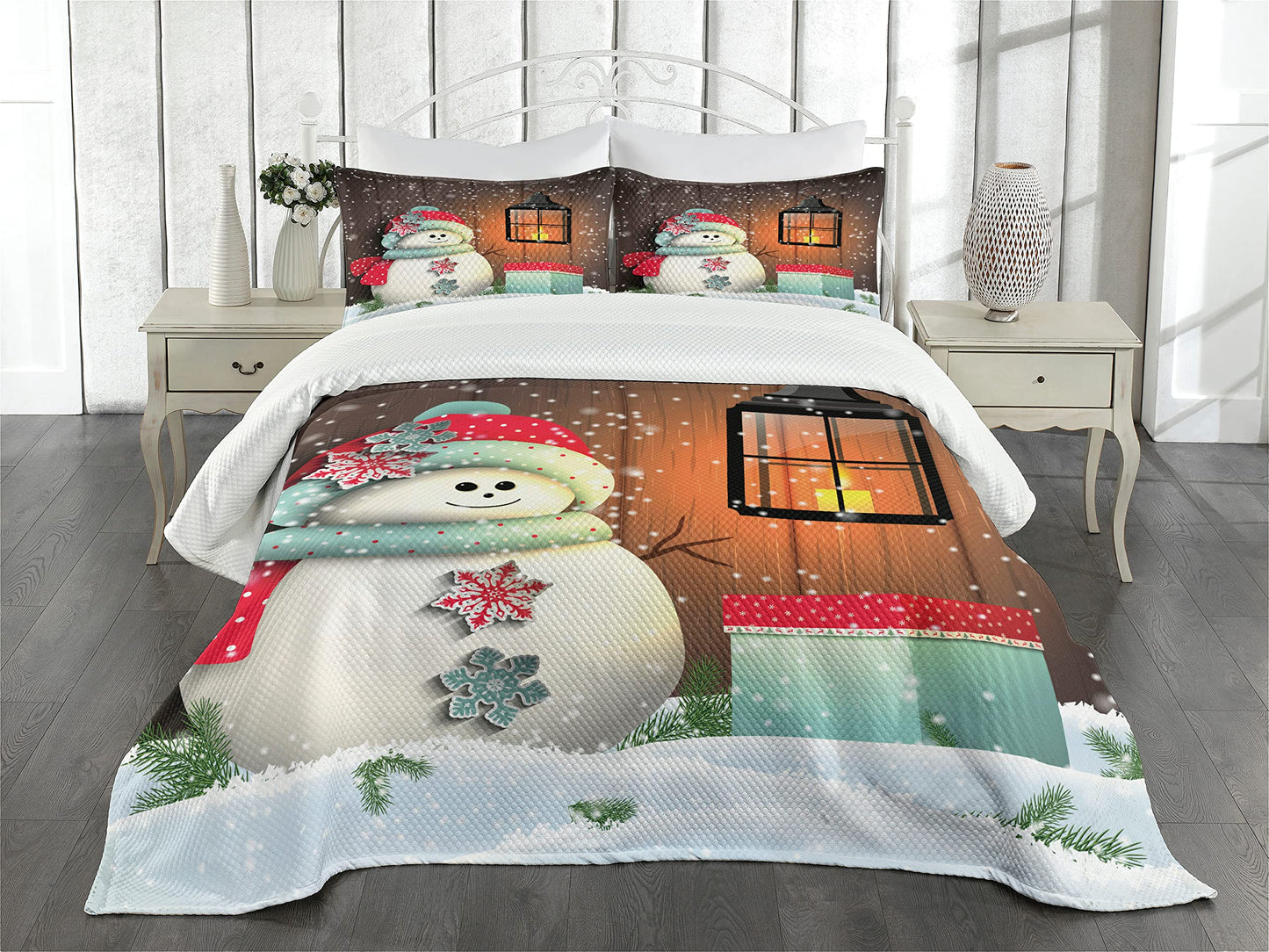 Ambesonne Christmas Bedspread, Snowman with Santa Hat in The Garden with a Gift Box and Candle Cartoon Image, Decorative Quilted 3 Piece Coverlet Set with 2 Pillow Shams, Queen Size, White Brown