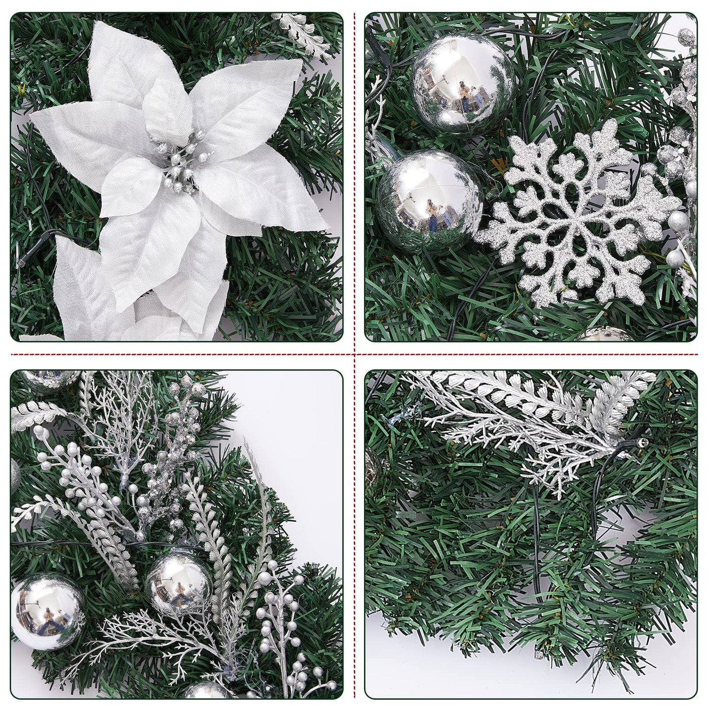 Prelit 6 Feet Christmas Garland Silver White with Battery Operated 30 LED Lights, Ball Ornaments, Snowflakes, Poinsettia Flowers & Berries, Garland Christmas Decoration for Indoor Outdoor Mantel