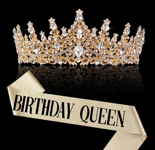 Gold Crown for Women Birthday Queen Sash & Rhinestone Tiara Set Birthday Decoration Rhinestone Headband Glitter Crystal Hair Accessories for Party(Gold2&Sash)