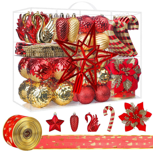 Alupssuc 128pcs Christmas Balls Ornaments Set, Shatterproof Plastic Baubles Christmas Flowers, Ribbon and Tree Topper for Xmas Tree Holiday Wedding Party Decorations with Hanging Strings, Red and Gold