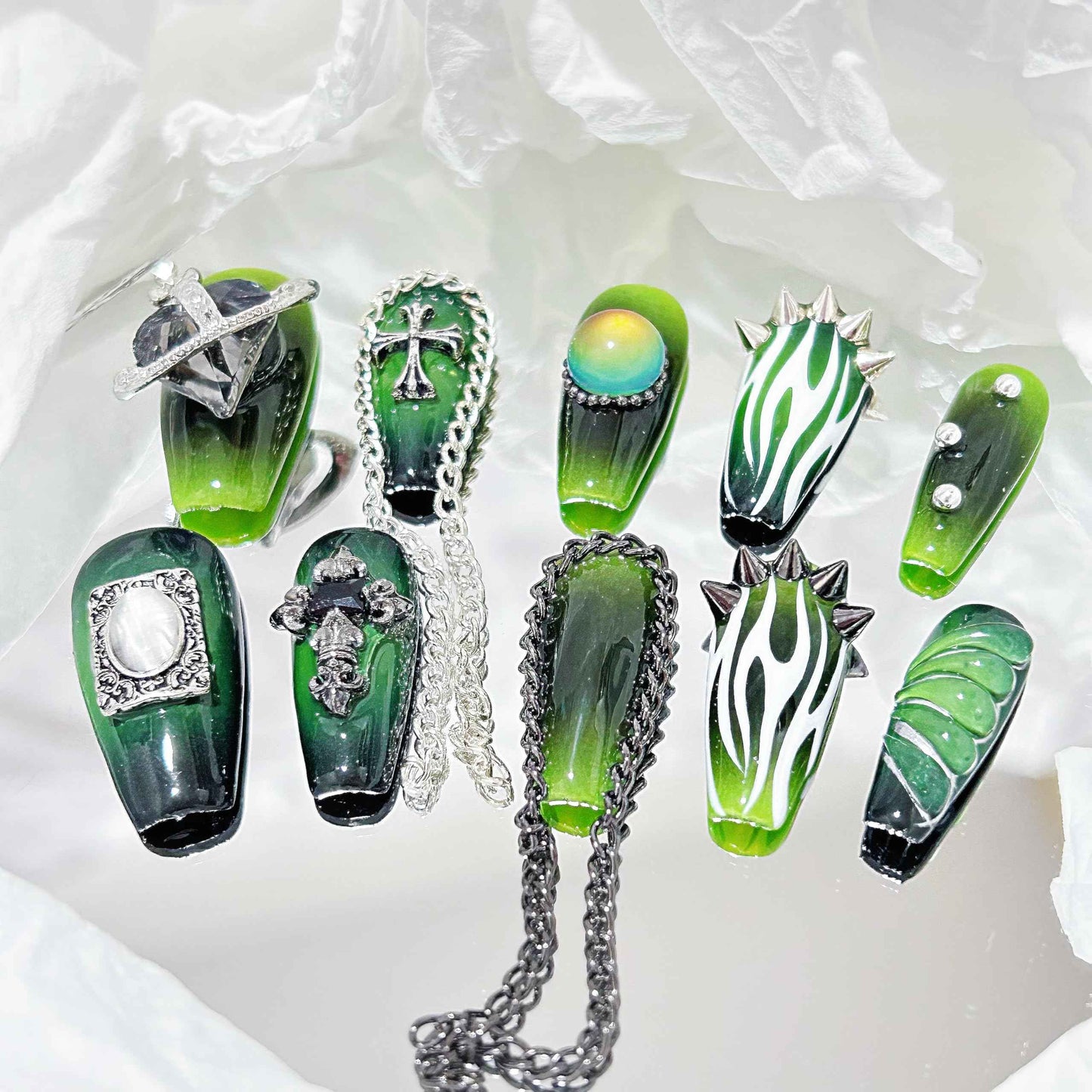 Press on Nails Handmade Luxury Long Style Coffin Reusable Goth Nail for Women and Girls 10pcs (Lost Immortal-M, One Size)