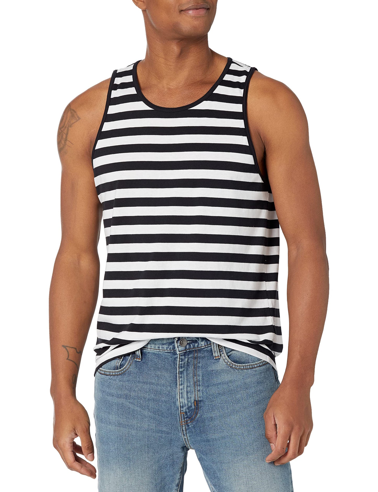 Amazon Essentials Men's Regular-Fit Tank Top, Black White Horizontal Stripe, X-Small