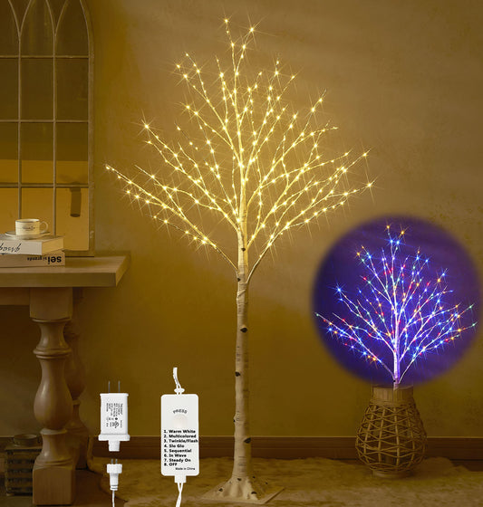 Hairui Pre Lit Birch Tree with 255L Multi Color and Warm White Fairy Lights 8 Functions 5FT, Lighted Tree for Indoor Outdoor Halloween Christmas Holiday Party Decoration