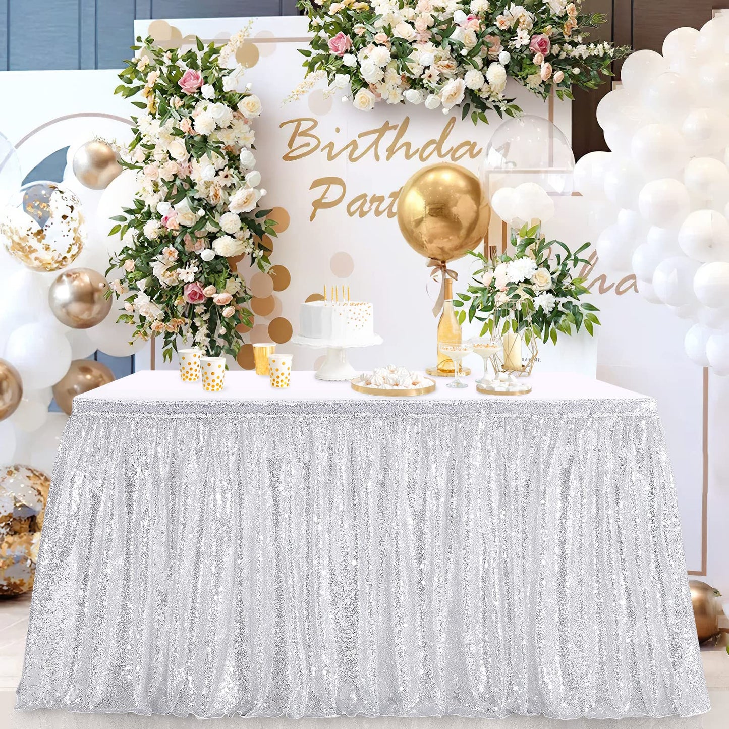 Glitter 14ft Silver Table Skirt for Rectangle Table Sequin Christmas Table Skirt for Party Baby Shower Birthday Dessert Table Exhibition Reception