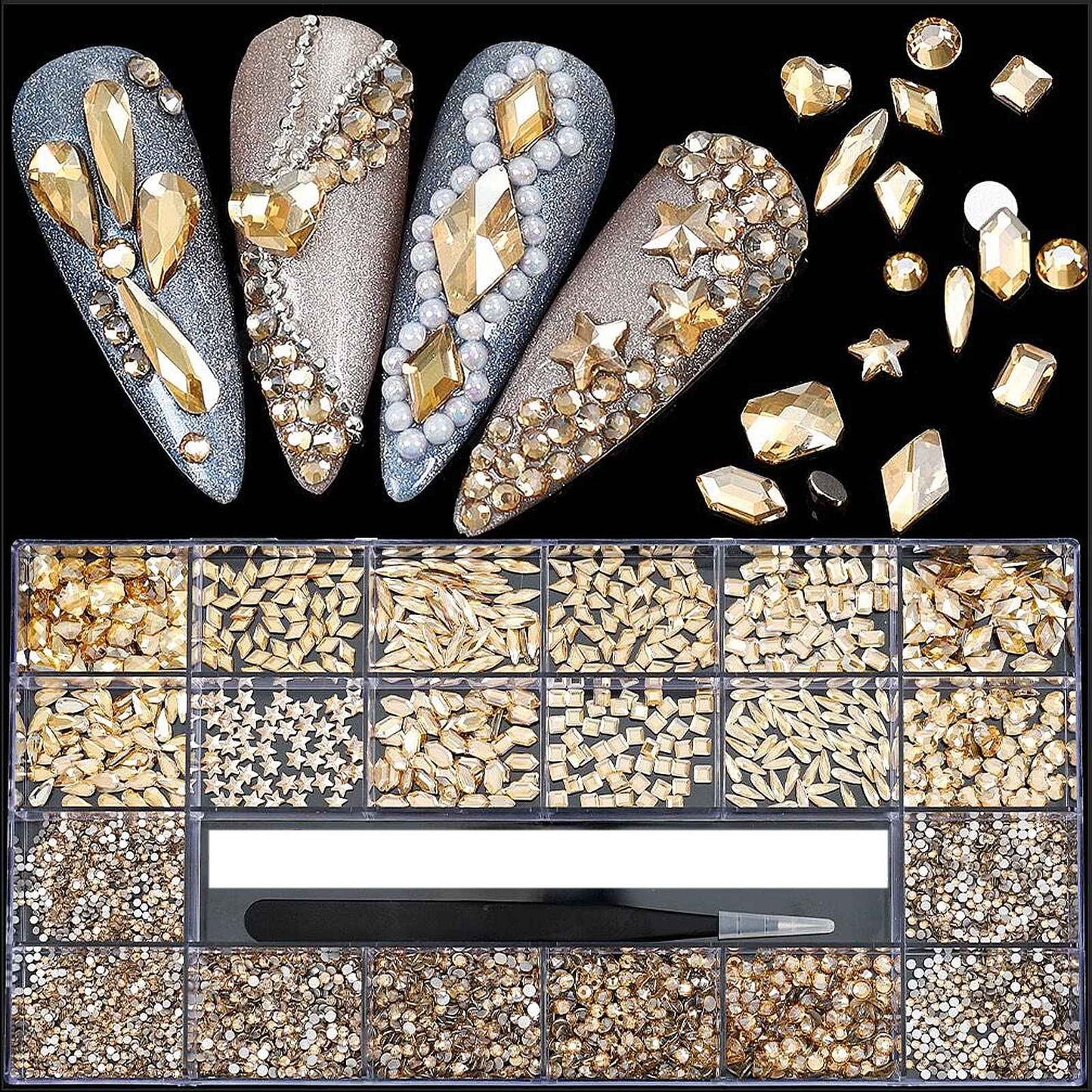 4880Pcs Champagne Rhinestones for Nails, Gold Crystal Nail Rhinestones Round Beads Flatback Glass Gems Stones, Multi Shapes 3D Nail Crystals for Nail Art DIY Crafts Clothes Shoes Jewelry