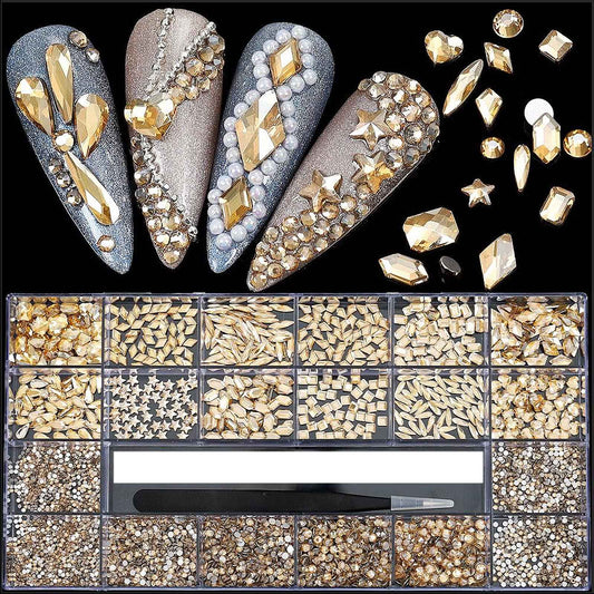 4880Pcs Champagne Rhinestones for Nails, Gold Crystal Nail Rhinestones Round Beads Flatback Glass Gems Stones, Multi Shapes 3D Nail Crystals for Nail Art DIY Crafts Clothes Shoes Jewelry