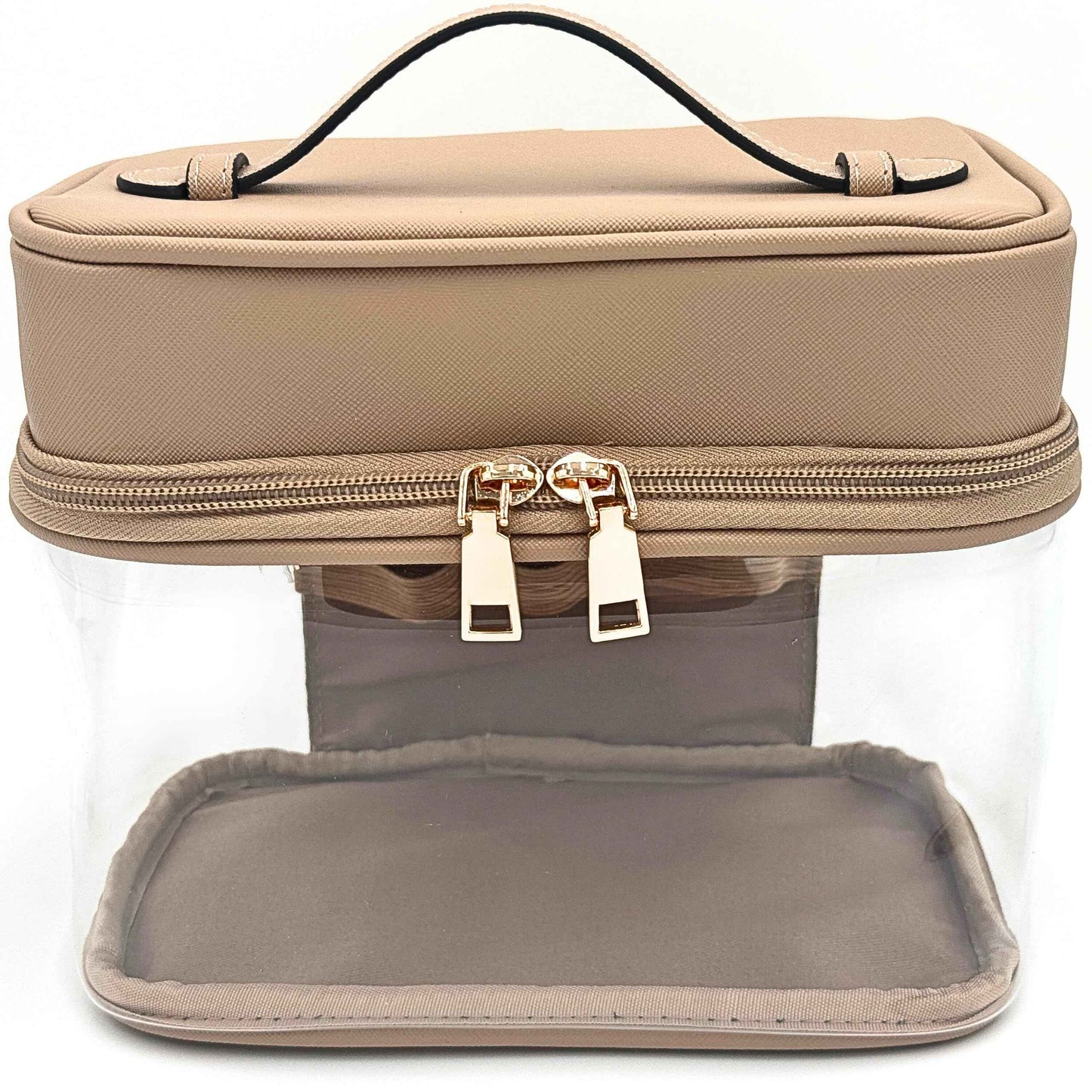 JAZD Clear Makeup Bag Toiletry Bag for Women Cosmetic Large Capacity Travel Make Up Bag Organizer Transparent Train Case TSA Approved (BEIGE)