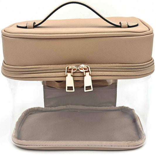 JAZD Clear Makeup Bag Toiletry Bag for Women Cosmetic Large Capacity Travel Make Up Bag Organizer Transparent Train Case TSA Approved (BEIGE)