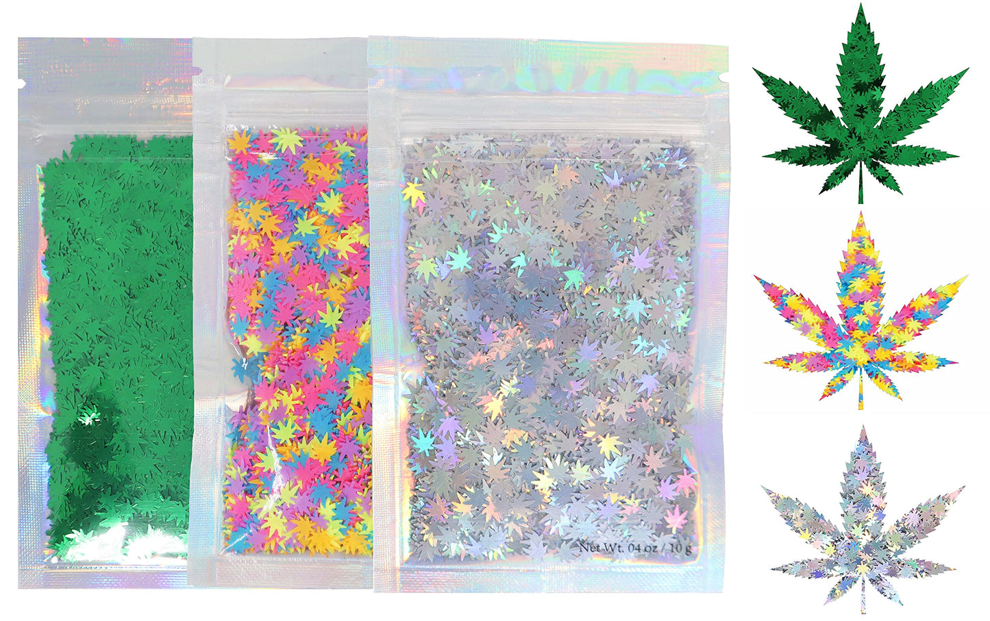 3 Pack - Green, Rainbow & Silver Holographic Leaf Glitter - Solvent Resistant & Cosmetic Grade - Face Body Nails Resin Arts & Crafts, Tumblers, Bath Bombs, Resin - Weed Pot Marijuana Leaf