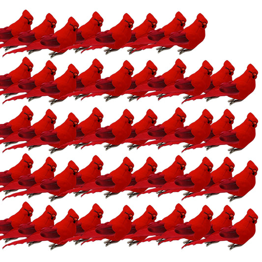 Cardinal Clip On Christmas Tree Ornament Decorations Set of 48 Cardinals with Silver Alligator Clips - Red Flocked Body & Real Feathers 5" Long