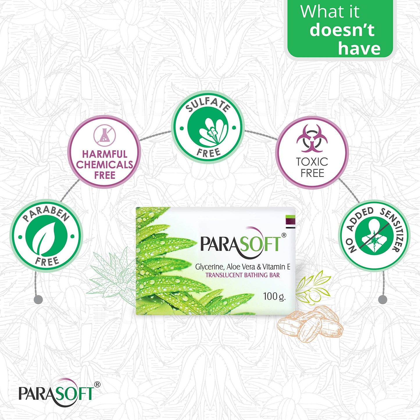 Parasoft Moisturising, Cleansing Body Soap with the Goodness of Aloe Vera, Glycerine & Vitamin E For Dry Skin, Nourishing Daily Bathing Bar For Sensitive Skin -100 gm (Pack of 8)