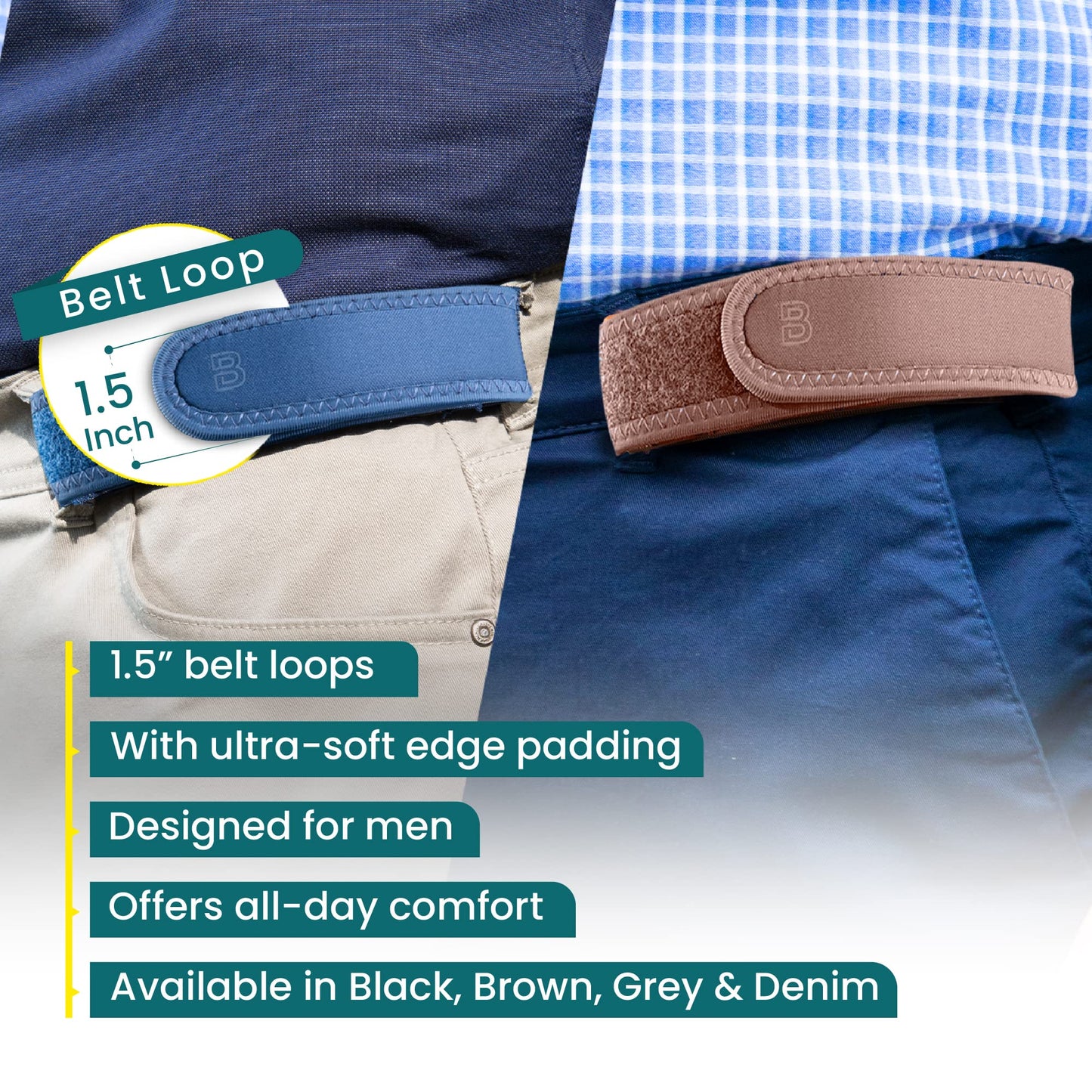 BeltBro Pro Pairs For Men – Next Generation Buckle-Free Elastic Belt With Ultra-Soft Edge Padding - Fits 1.5 Inch Belt Loops (Denim)