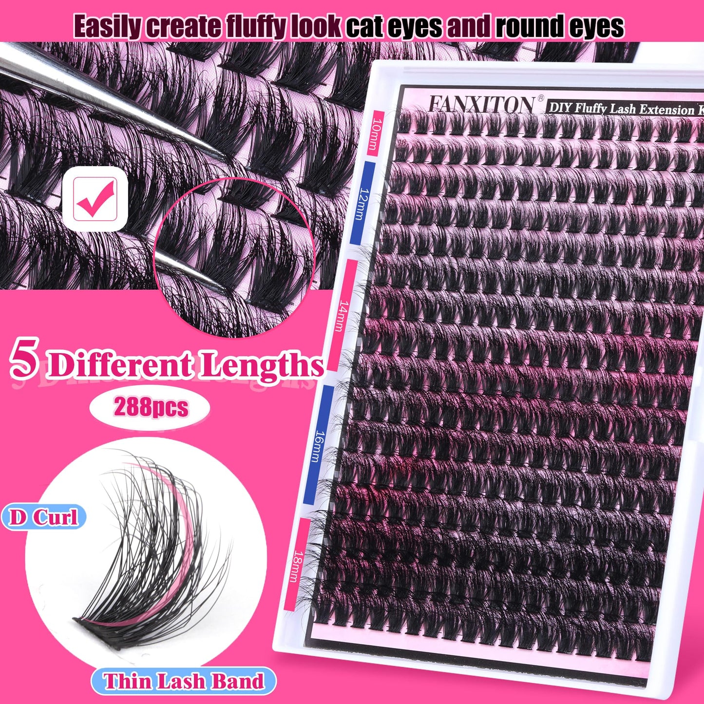 FANXITON DIY Lash Extension Kit Fluffy Lash Clusters 288 pcs Thick Lash Clusters Kit D Curl 10-18 mm Cluster Eyelash Extension Kit with Lash Bond and Seal Lash Tweezers Individual Lashes For Beginners