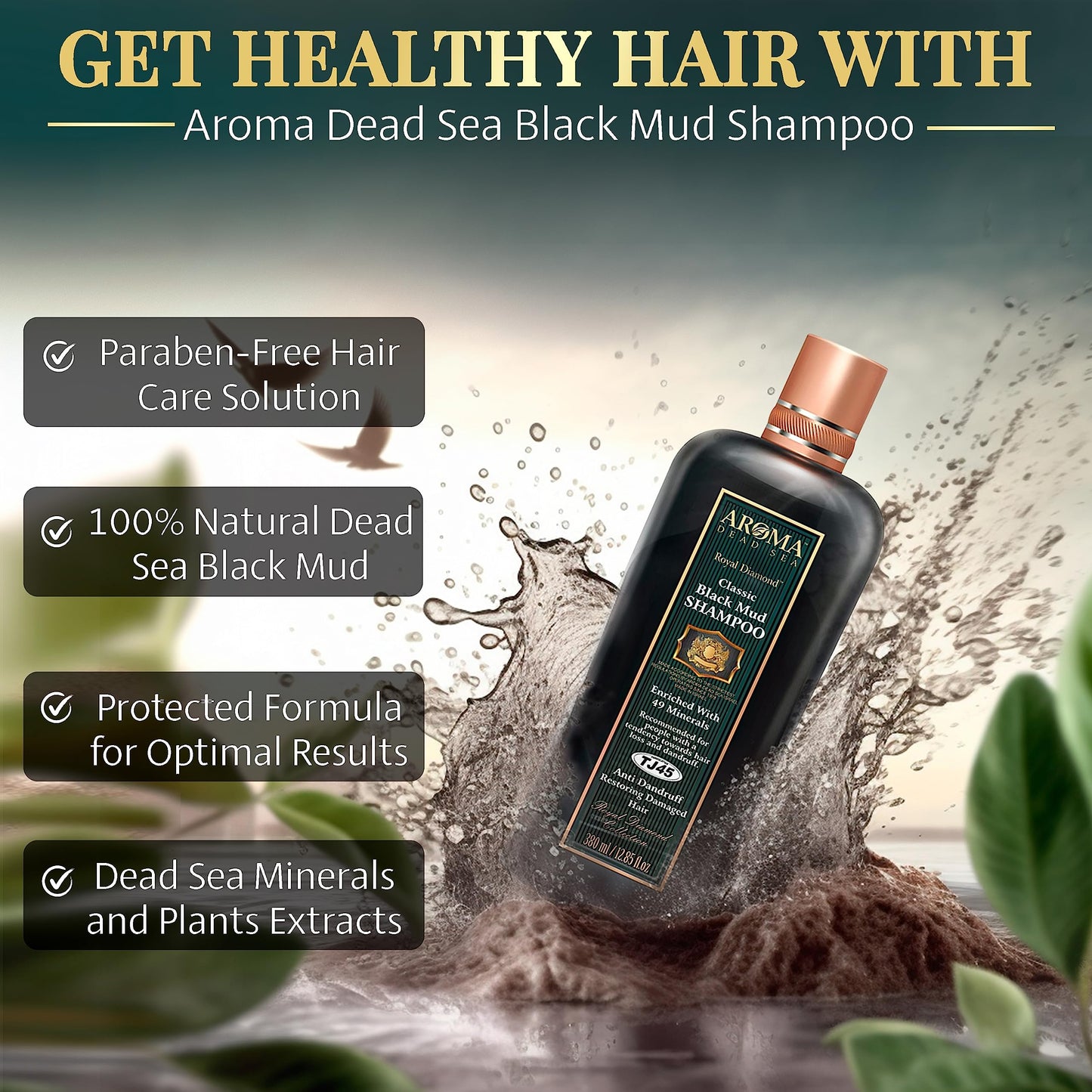 AROMA DEAD SEA Shampoo (Classic Black Mud), 19.0 Fl Oz (560 ml), Fights Dandruff,Encourages Growth, Prevents Hair Loss,Thinning ,Weak Roots, & Itchy Scalp.