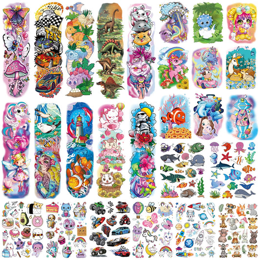Tazimi 380 Styles (27 Sheets) Temporary Tattoo for kids-Full & Half Arm Tattoos Sleeves for Girls Boys Marine Life Space Ship Racing Car Forest Animals Dinosaur Cartoon Tattoos Stickers for Kids