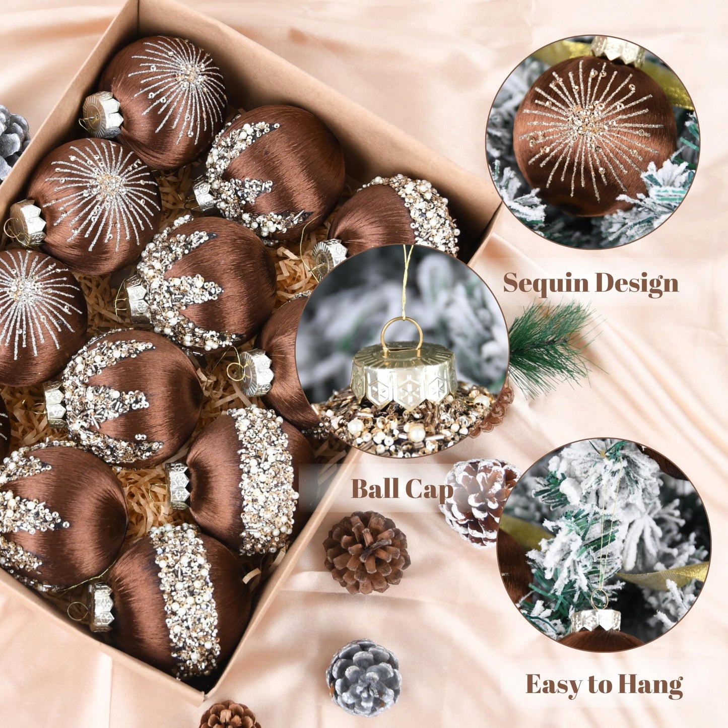 Christmas Ornaments Brown Tree Decorations - Pack of 12 Satin Xmas Balls Ornament - Silk Shatterproof Bulbs Luxury Baubles 80mm 3.15 inch