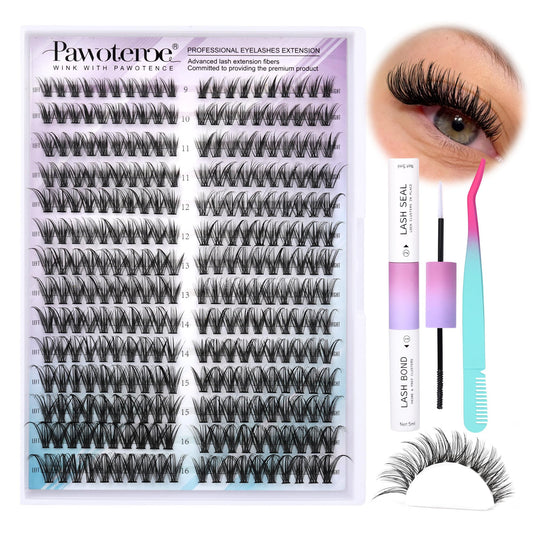 Pawotence Lash Extension Kit DIY 280pcs Cat Eye Lash Clusters Kit 40D Curl Eyelash Extension Kit Individual Lashes with Lash Bond and Seal and Lash Tweezers for Self Application (FOX-40D-9-16MIX KIT)