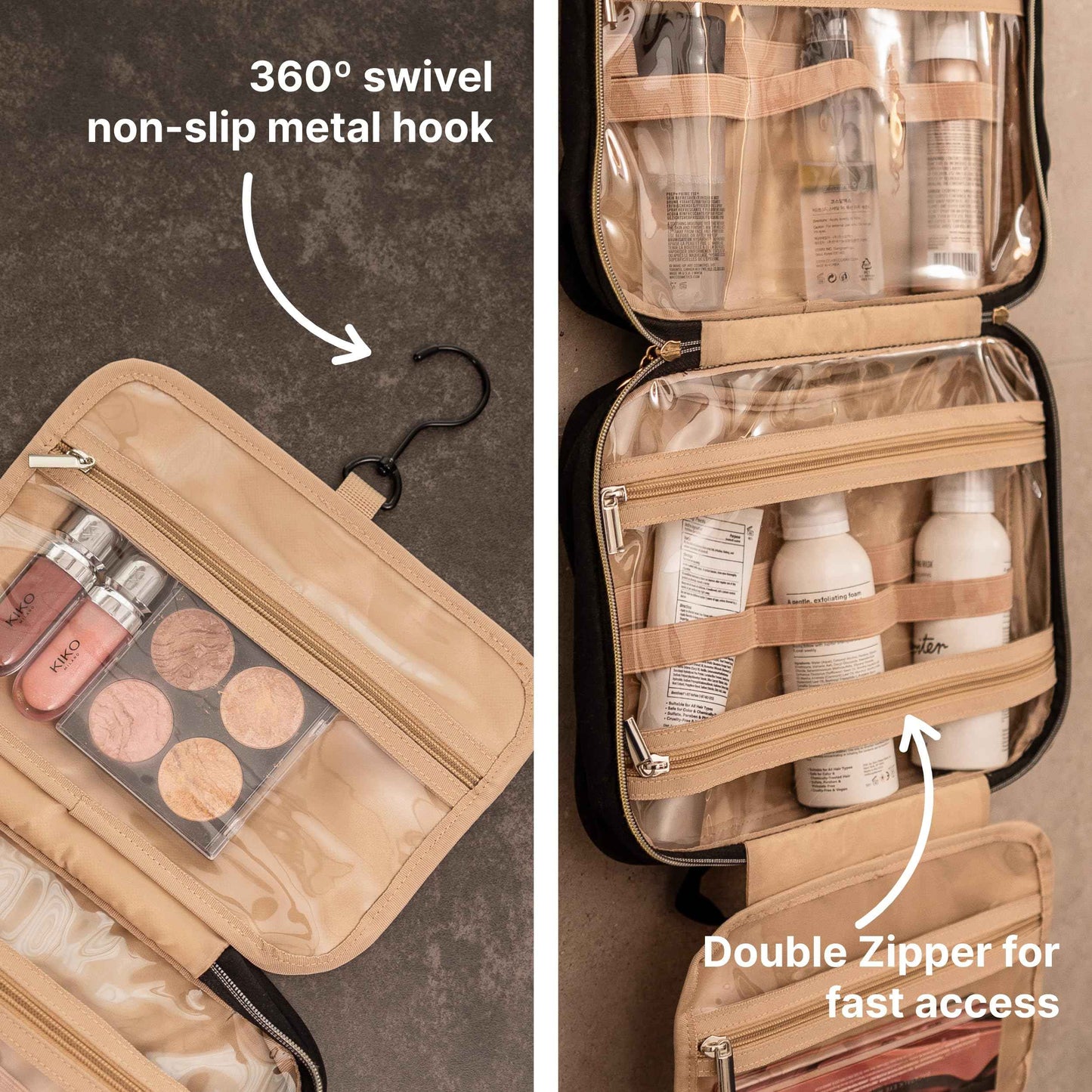 Carrywell |Not Made In China| Hanging Toiletry Travel Bag For Women, Makeup Organizer Case, Water-Resistant Cosmetic Bag For Full-size Containers, Toiletries (Black, Large)