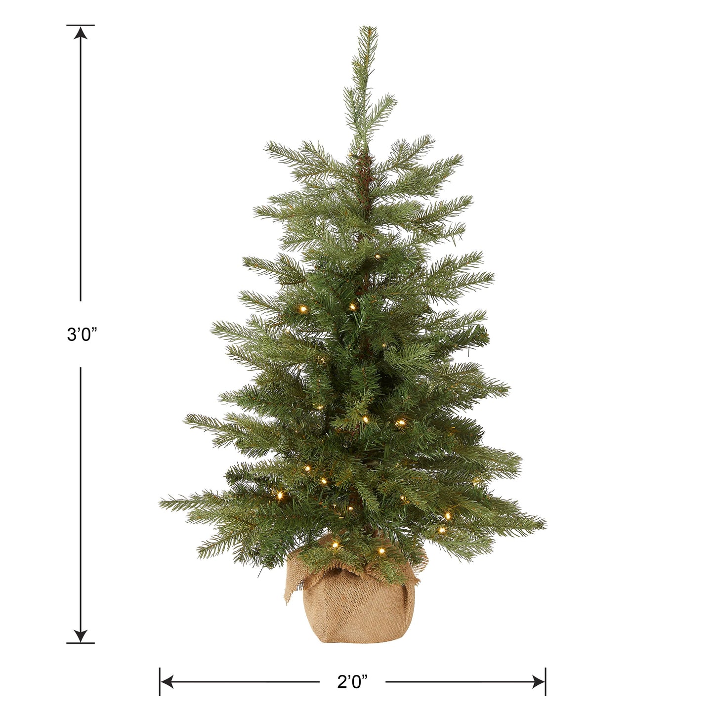 National Tree Company Pre-Lit 'Feel Real' Artificial Mini Christmas Tree, Green, Nordic Spruce, White Lights, Includes Burlap Bag Base, 3 Feet