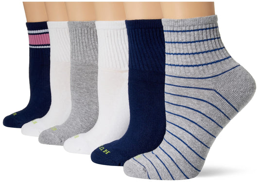 HUE Women's Cotton Mini Crew Socks, Navy Stripe - 6 Pair Pack, One Size