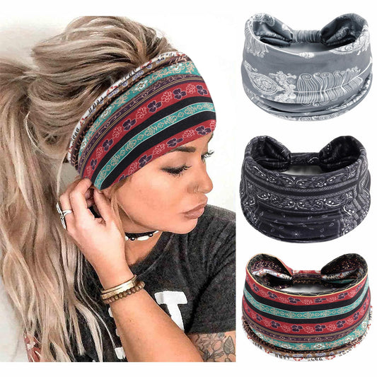 STGDAK Boho Headbands For Women Fashion Stretch Wide Hair Bands Knoted Turban African Style Head Bands Yoga Running Sweatband Elastic Headband Wrap Hair Accessories for Teen Girls 3 Pack