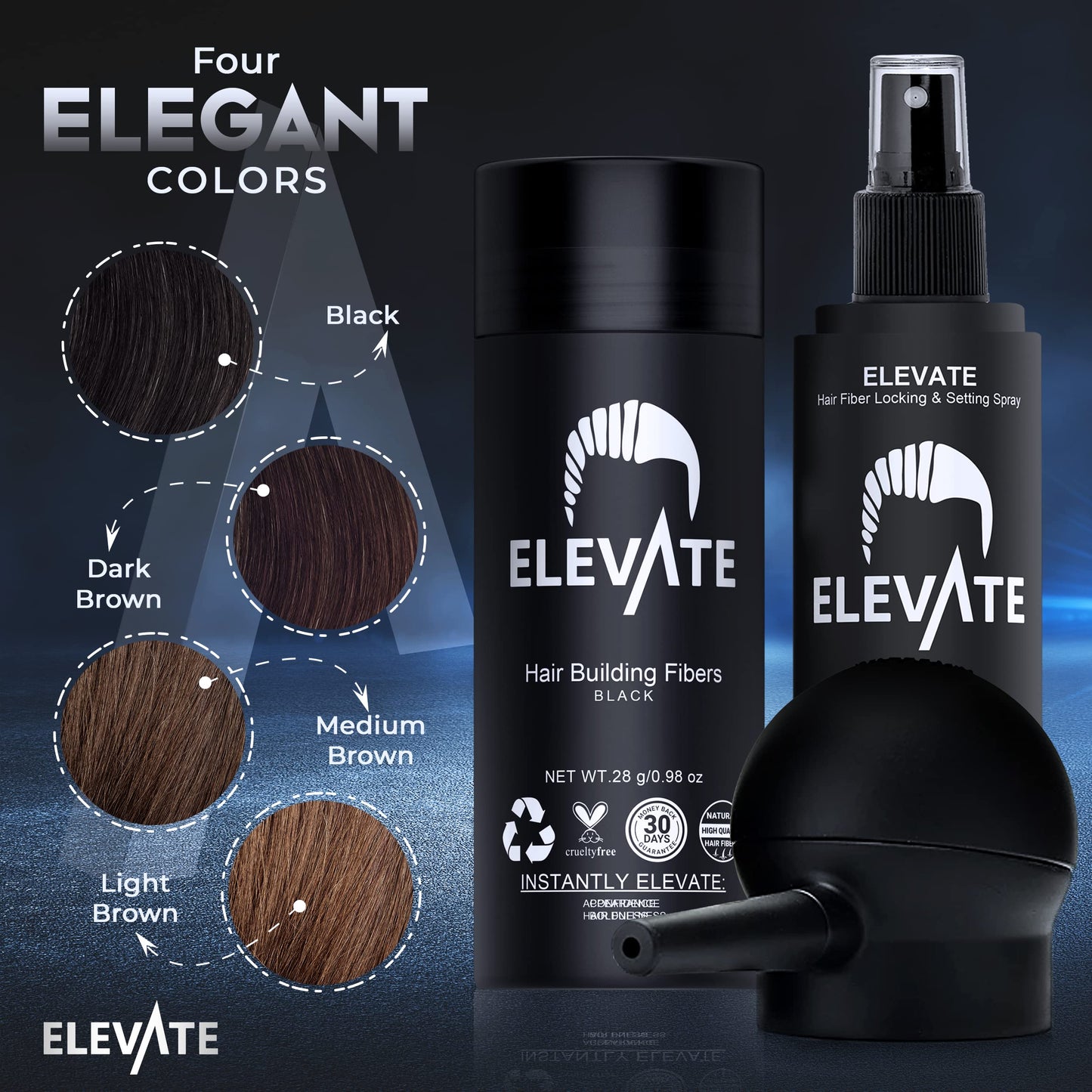 ELEVATE Hair Perfecting 3-in-1 Kit Set Includes Natural Hair Thickening Fibers & Spray Applicator Pump Nozzle & Locking Setting Hold Hair Spray | Instantly Conceal Balding Hair Thinning Areas (Black)