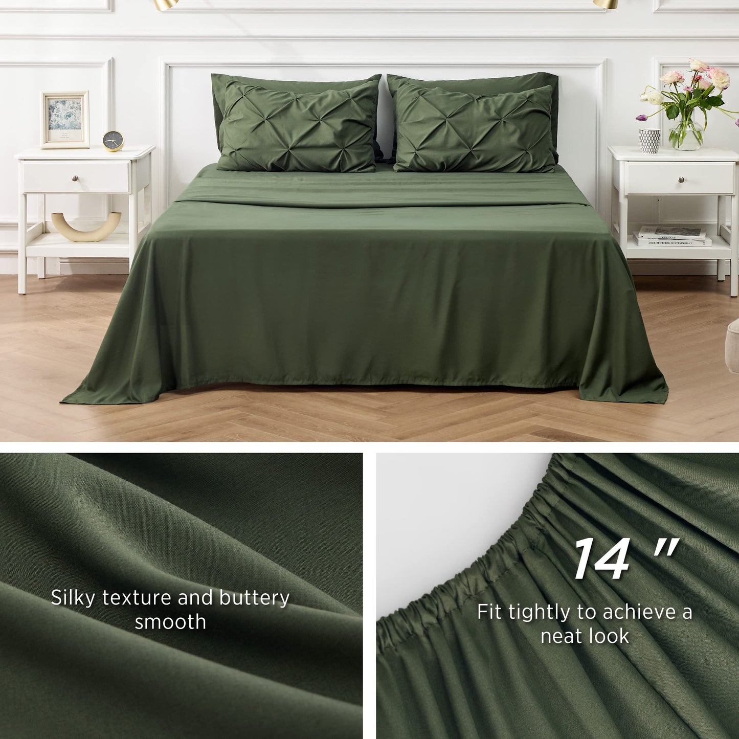 Bedsure Twin Comforter Set with Sheets - 5 Pieces Twin Bedding Sets, Pinch Pleat Olive Green Twin Bed in a Bag with Comforter, Sheets, Pillowcase & Sham