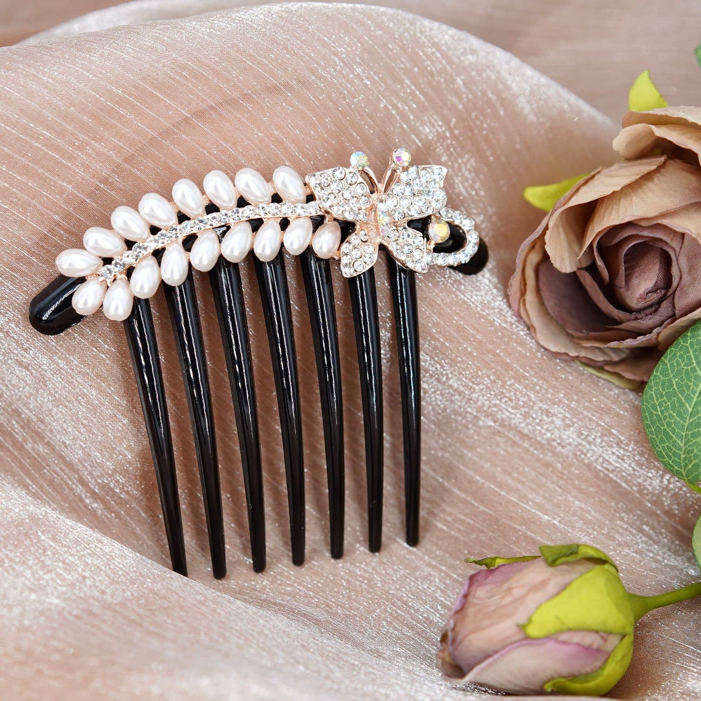 Yusier 2 PCS Bride Pearl Crown Side Comb Hair Ornament Rhinestone Butterfly Metal Hairstyle Decoration Elegant Flower Wedding Hair Accessories(G)