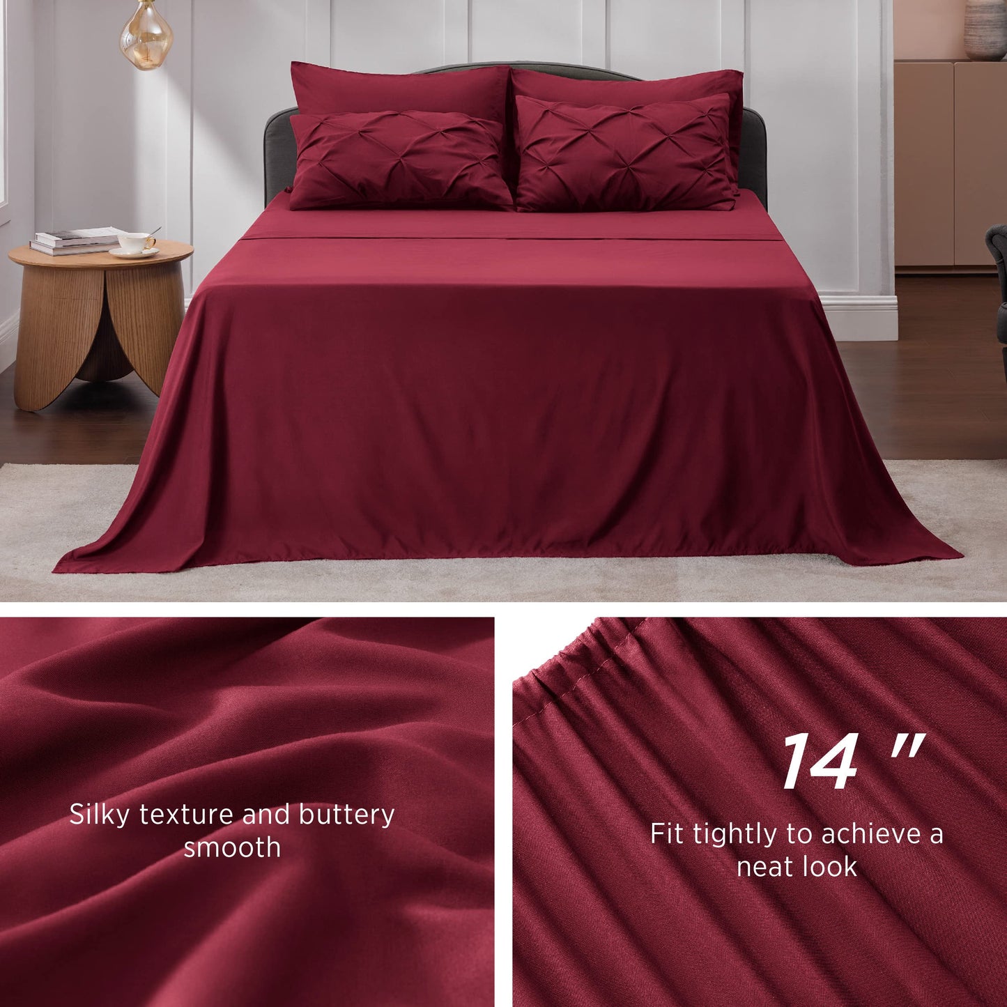 Bedsure Twin Comforter Set with Sheets - 5 Pieces Twin Bedding Sets, Pinch Pleat Burgundy Twin Bed in a Bag with Comforter, Sheets, Pillowcase & Sham