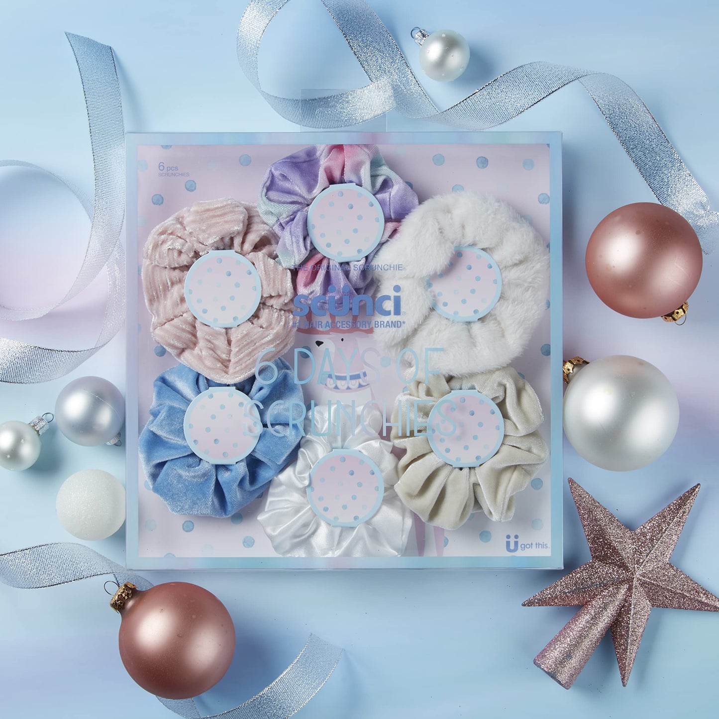 The Original Scrunchie® Girls Fashion Gift Set Includes 6 Unique Designs: Pastel Rainbow Velvet, Cream Velour, Pink Velvet, White Faux Fur, Blue Velour, White Satin in Presentation Box