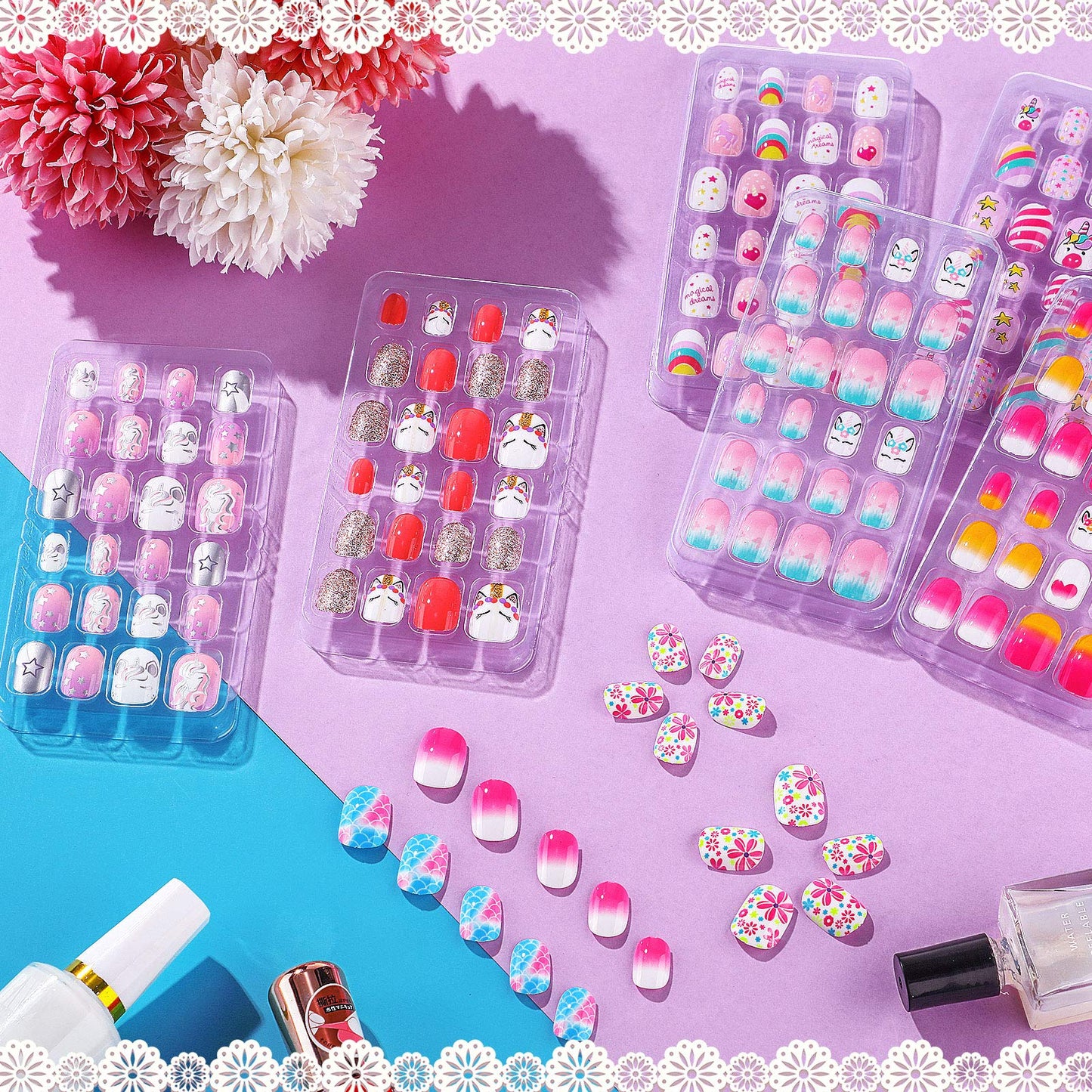 384 Pieces Kids Press on Nails Mini False Nails with Designs Press on Nails for Kids Stick on Short Fake Nails for Christmas Nail, 16 Boxes (Rabbit, Unicorn)