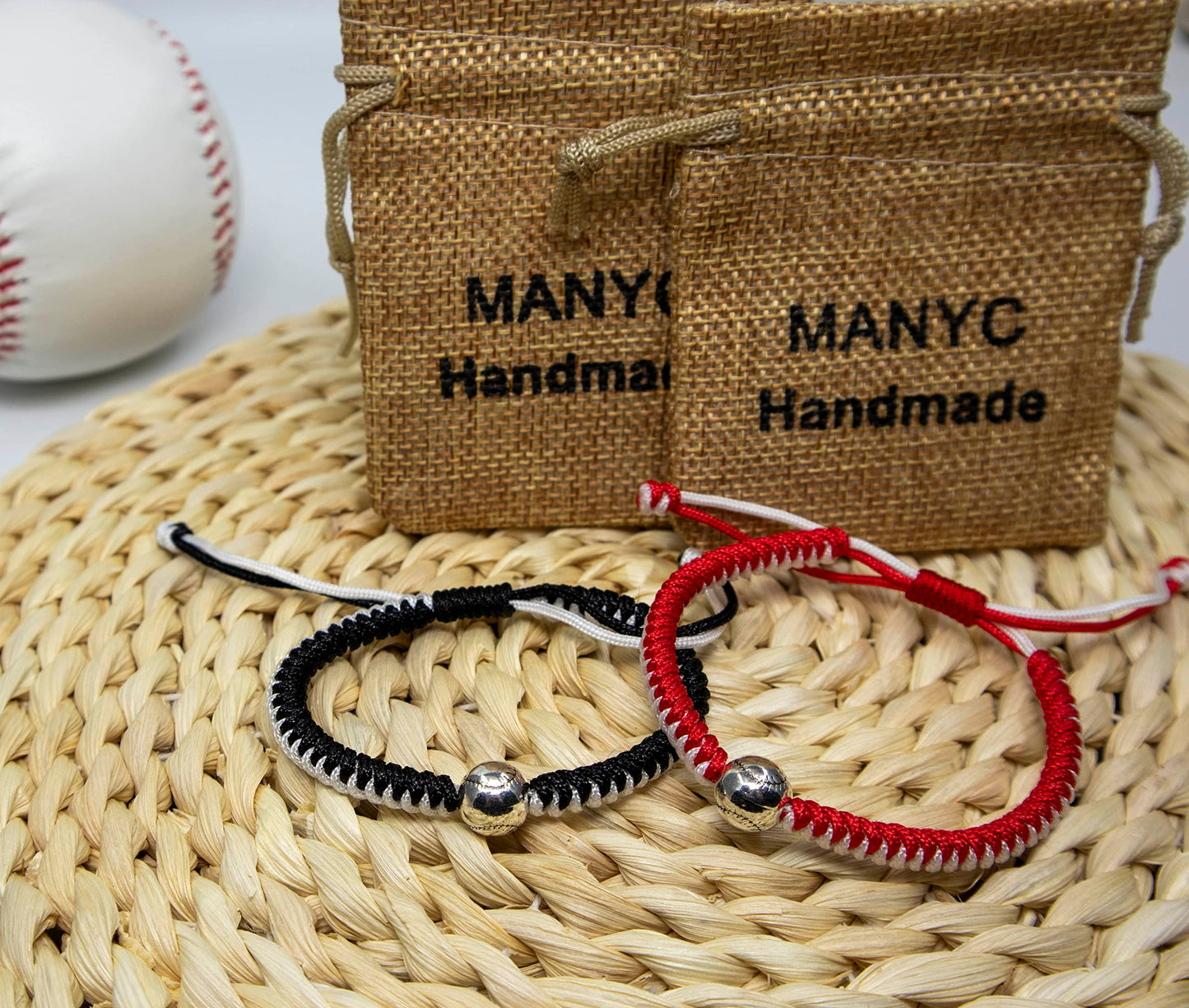 Handmade Braided Bracelets Baseball Gifts for Boys Adjustable Wristbands with Baseball Beads, Inspirational Baseball Bracelets for Girls Teens Adults (Red and Black 2PCS)