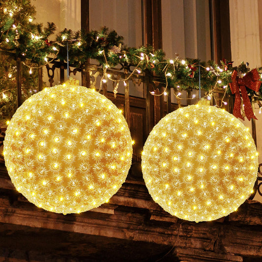 Retisee 2 Pcs Christmas Starlight Sphere Ball 300 LED Lights Large Clear Hanging Light Sphere for Indoor Outdoor Tree Holiday Commercial Home Decorations Novelty Xmas Hanging Lights(10 Inch,Yellow)