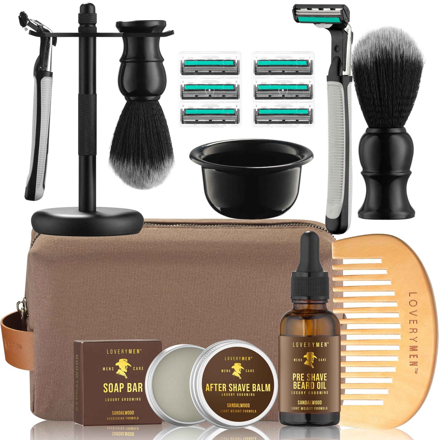 Christmas Gifts for Men, Deluxe Shaving Kit for Men, 17pc Shaving Brush Kit with Double Edge Safety Razor, Razor Blades, Sandalwood Bar Soap, Preshave Beard Oil & More, Mens Beard Kit, Birthday Gift