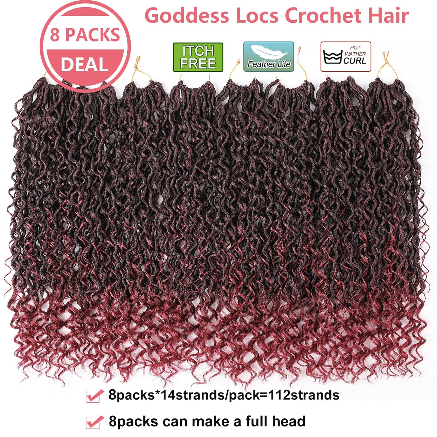 Ombre Burgundy Red Boho Goddess Locs Crochet Hair 22 Inch, 8 Packs New Faux Locs Crochet Hair With Curly Ends,Pre Looped Hippie Locs Crochet Hair For Women Synthetic Crochet Braids (22",Ombre TBUG)