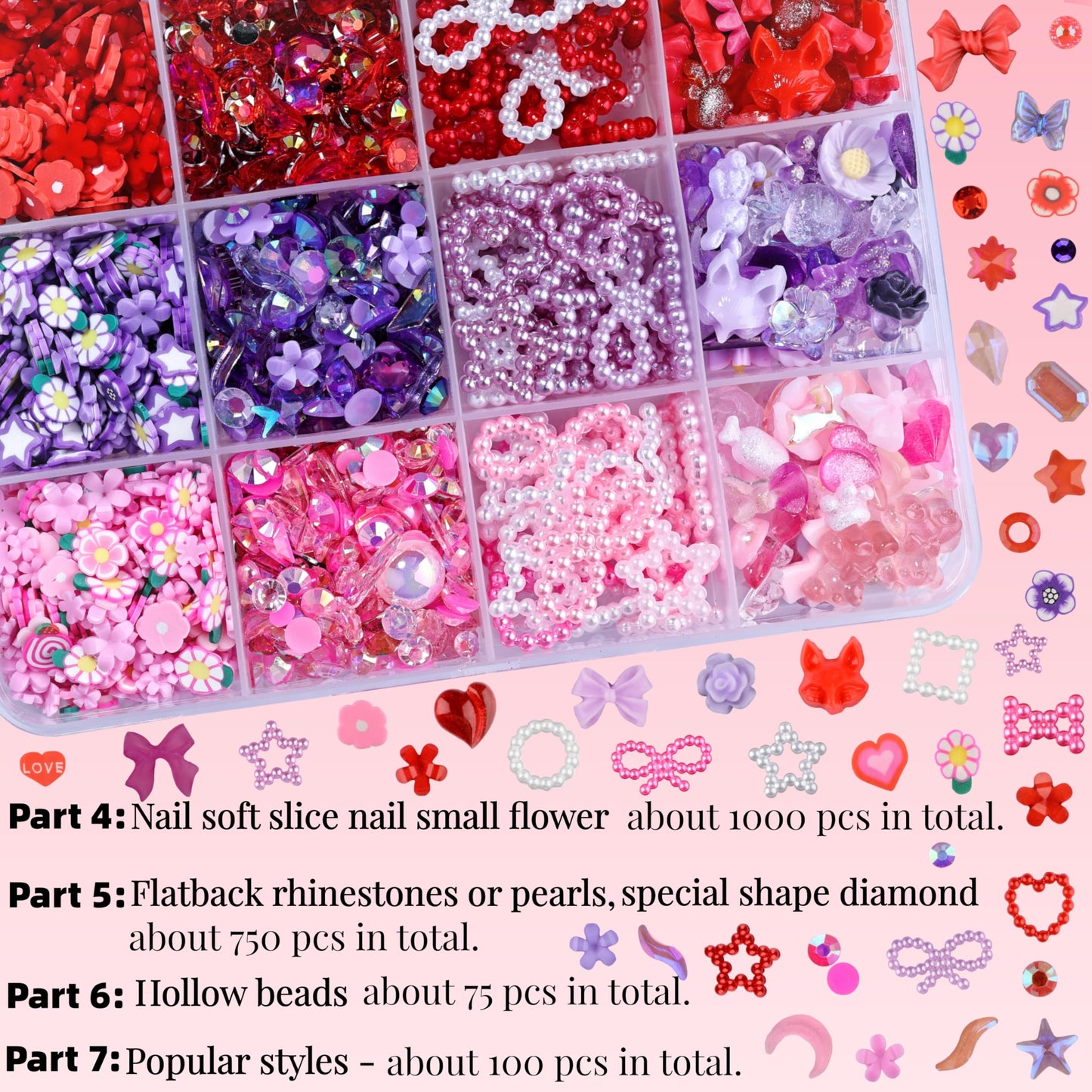 Umillars 700pcs 3D Resin Nail Art Charms with 1350pcs Special Shape Nail Flatback Rhinestones Nail Art Slices Acrylic Hollow Beads Nail Sequins Mini Flowers for Nail Art Designs(Pink+Purple+Red)