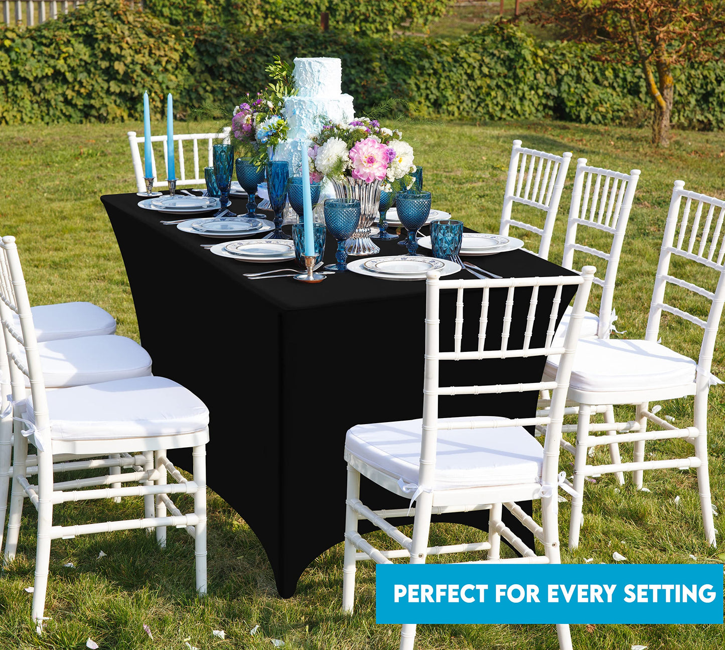 Utopia Kitchen Spandex Tablecloth 2 Pack [8FT, Black] Tight, Fitted, Washable and Wrinkle Resistant Stretch Rectangular Patio Table Cover for Event, Wedding, Banquet & Parties [96Lx30Wx30H Inch]