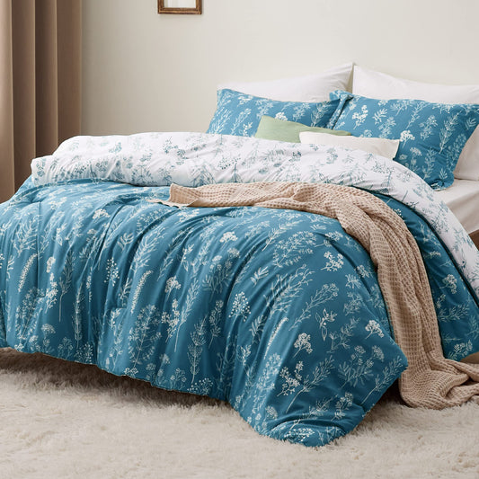 Bedsure Twin/Twin XL Comforter Set Dorm Bedding - Teal Blue Comforter, Floral Twin/Twin Extra Long Bedding Comforter Set, 2 Pieces, 1 Reversible Botanical Flowers Comforter and 1 Pillow Sham