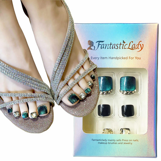 Fantasticlady Magnetic Press On Toes Nails,Short Square Galaxy Glitter,Rhinestones Design,Summer Natural Acrylic Toe nails press on for Women