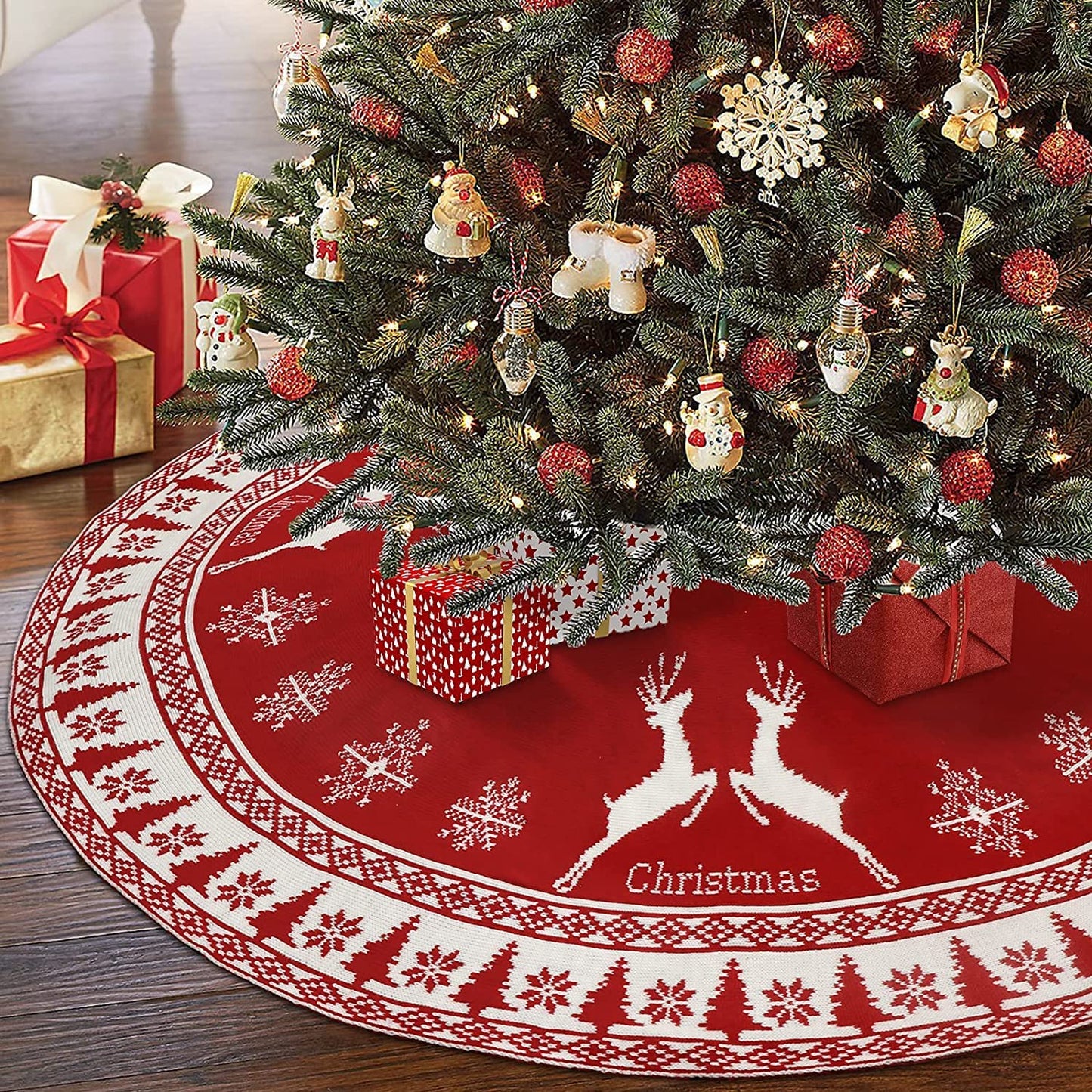 OurWarm Christmas Tree Skirt 48 Inches, Knit Tree Skirt with Snowflake & Reindeer, Red and White Double-Sided Rustic Xmas Tree Skirt Christmas Decorations for Party Indoor Christmas Tree Decoration