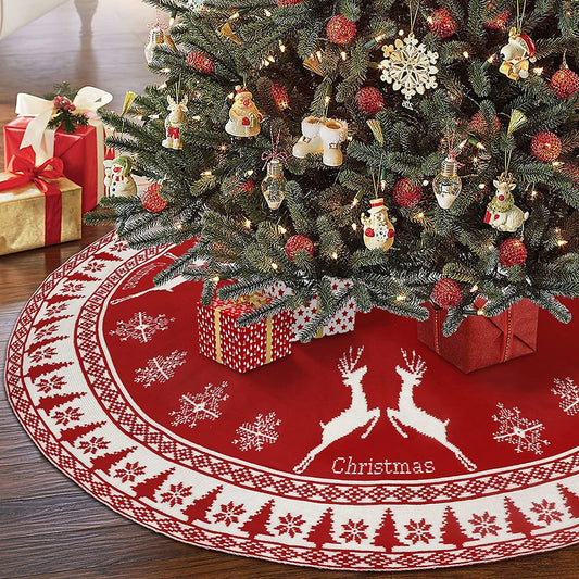 OurWarm Christmas Tree Skirt 48 Inches, Knit Tree Skirt with Snowflake & Reindeer, Red and White Double-Sided Rustic Xmas Tree Skirt Christmas Decorations for Party Indoor Christmas Tree Decoration