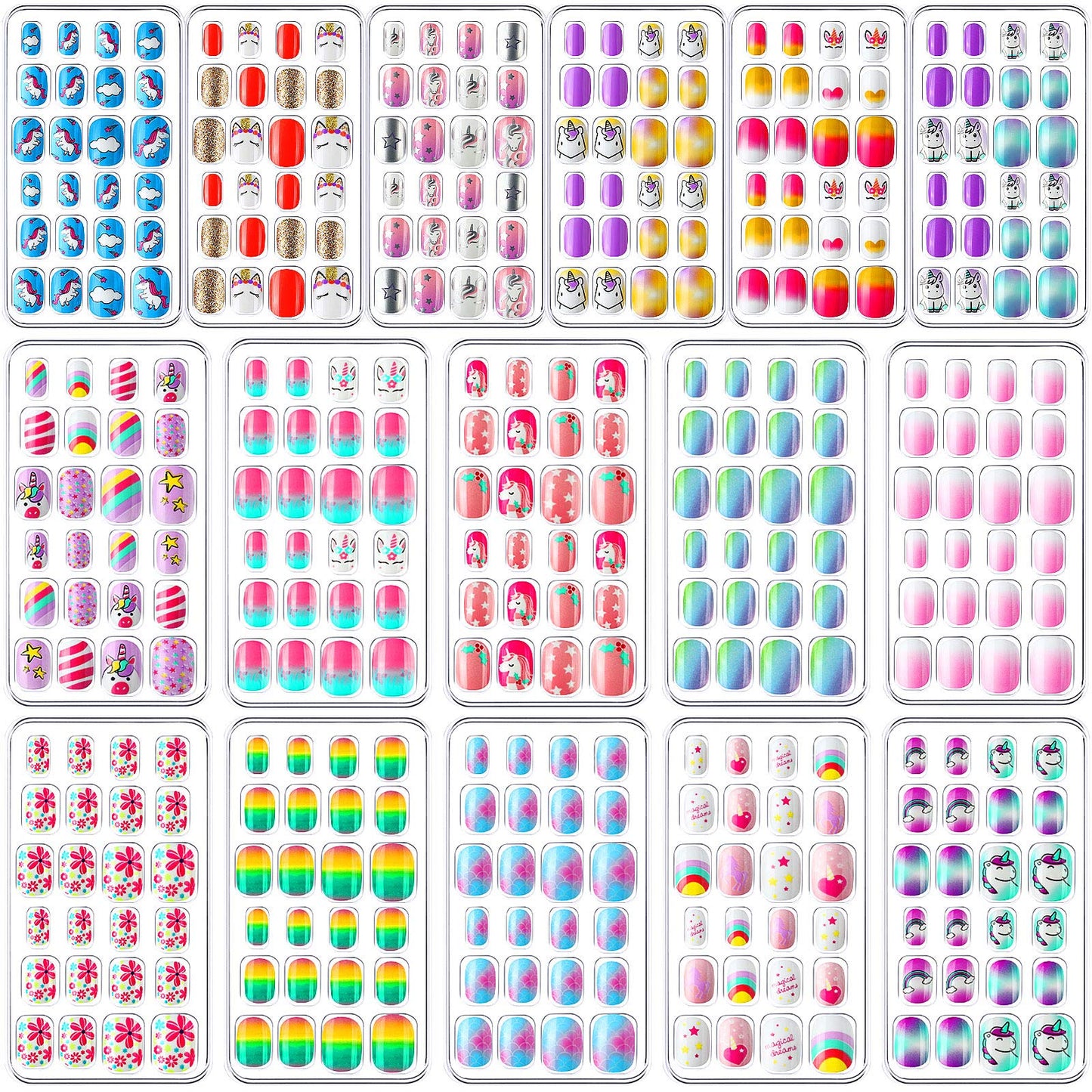 384 Pieces Kids Press on Nails Mini False Nails with Designs Press on Nails for Kids Stick on Short Fake Nails for Christmas Nail, 16 Boxes (Rabbit, Unicorn)