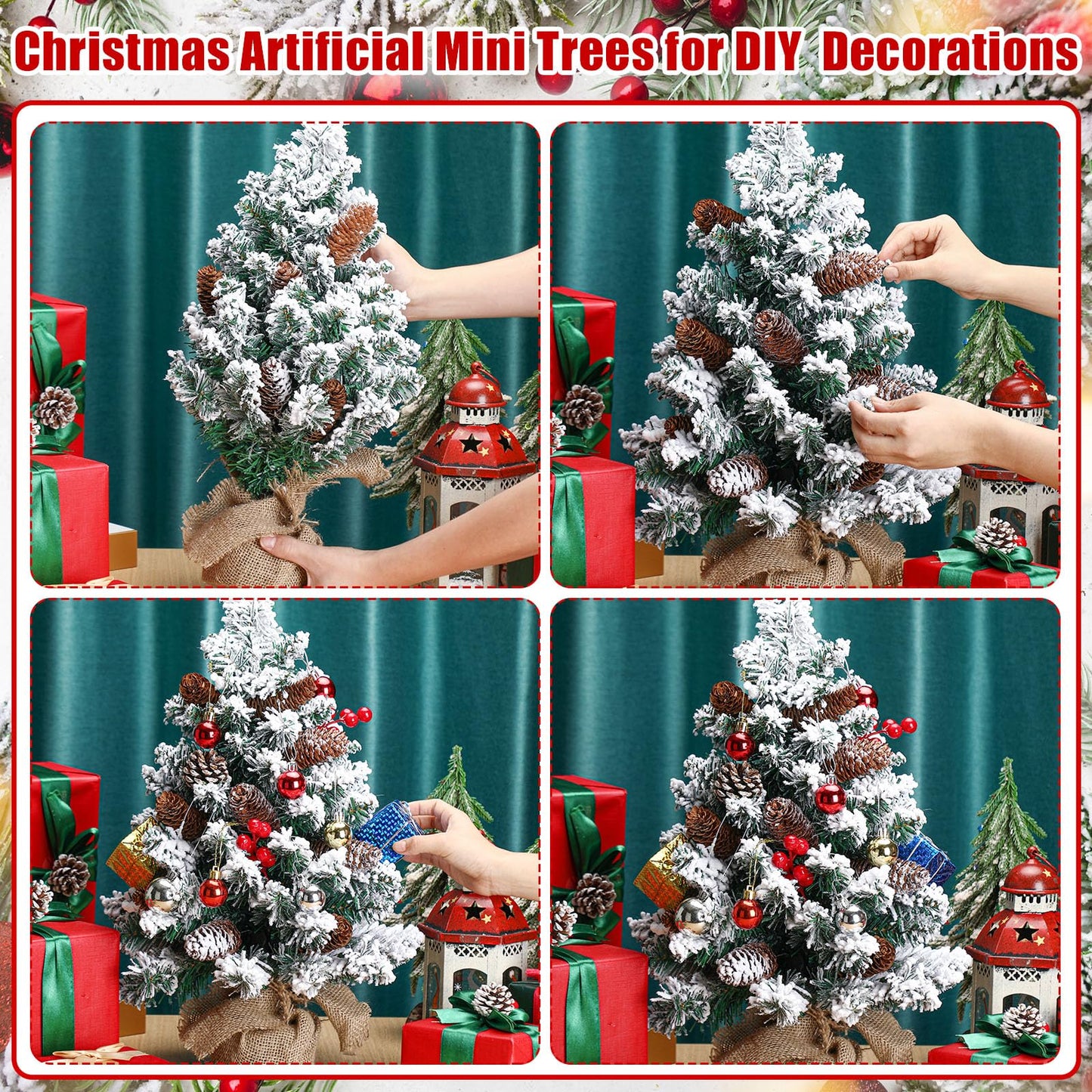 Soaoo 4 Pcs Mini Artificial Snowy Christmas Tree Christmas Table Centerpieces Small Snow Flocked Pine Cone Xmas Tree with Burlap Base for Christmas Holiday Party Tabletop Home Decor, 22 Inch