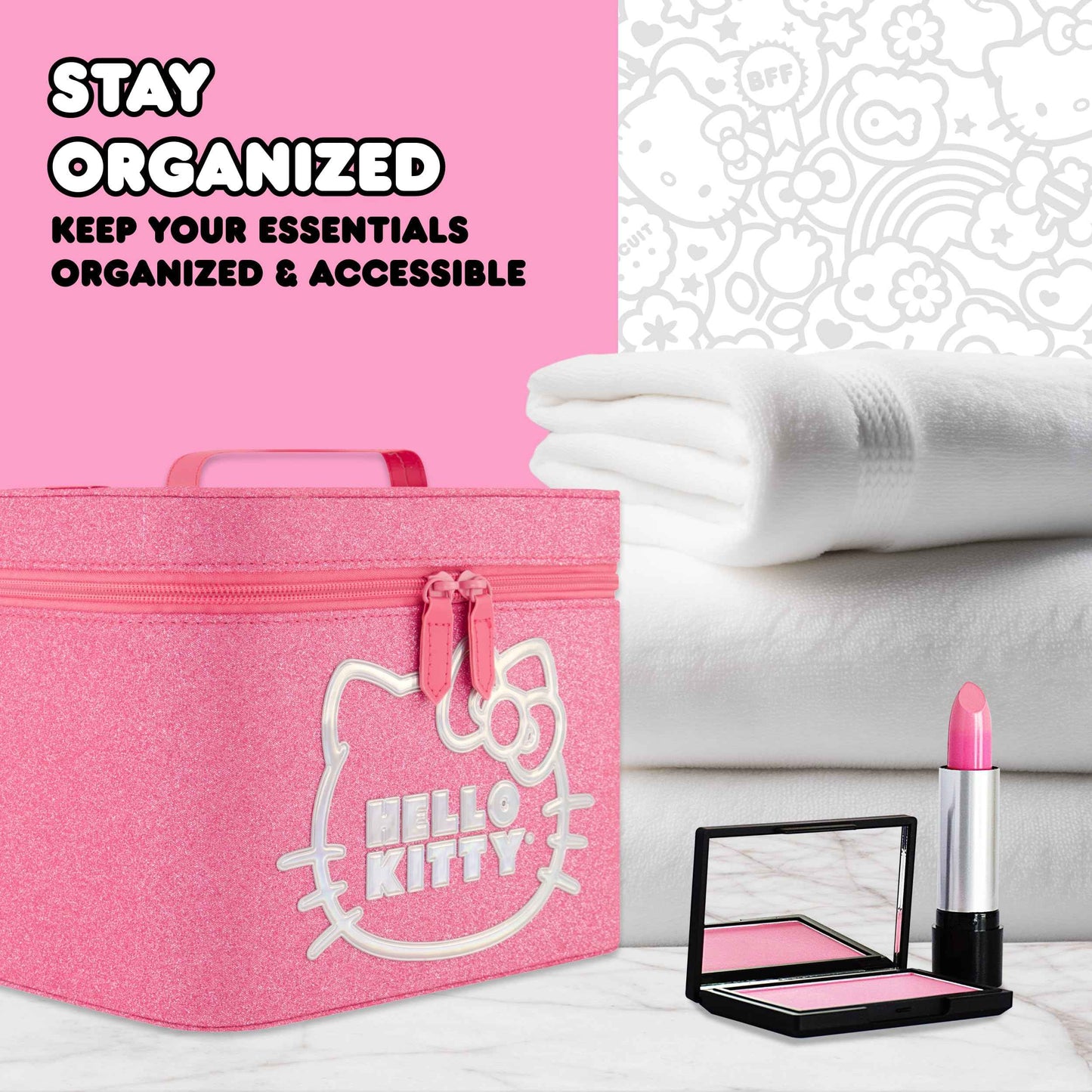 Hello Kitty Large Cosmetic Travel Case Organizer, Portable Makeup Box with Mirror and Dual Zipper, Pink