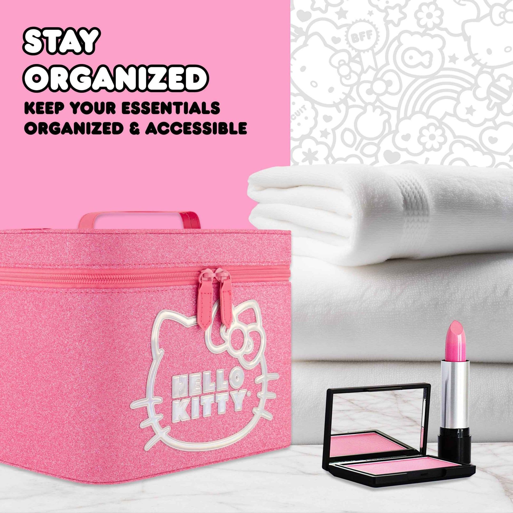 Hello Kitty Large Cosmetic Travel Case Organizer, Portable Makeup Box with Mirror and Dual Zipper, Pink