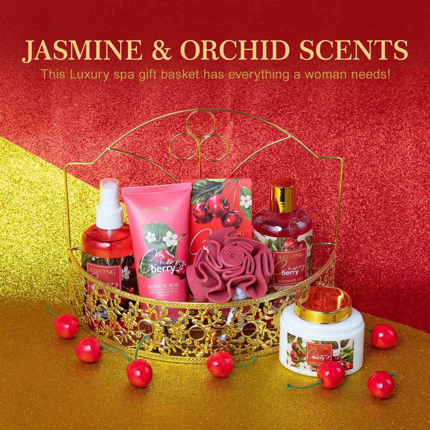 Bath & Body Basket Set, Cherry Fruit Scent Spa Gift Basket with Shower Gel, Lotions for Women Gift Set, Spa Kits for Christmas Valentine's Birthday Gift All Occasion Holiday Gift Idea Luxury Bath Set