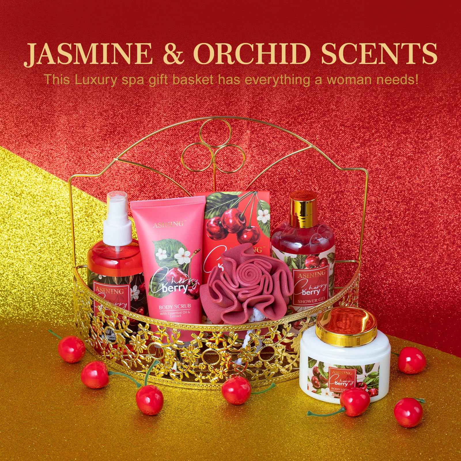 Bath & Body Basket Set, Cherry Fruit Scent Spa Gift Basket with Shower Gel, Lotions for Women Gift Set, Spa Kits for Christmas Valentine's Birthday Gift All Occasion Holiday Gift Idea Luxury Bath Set