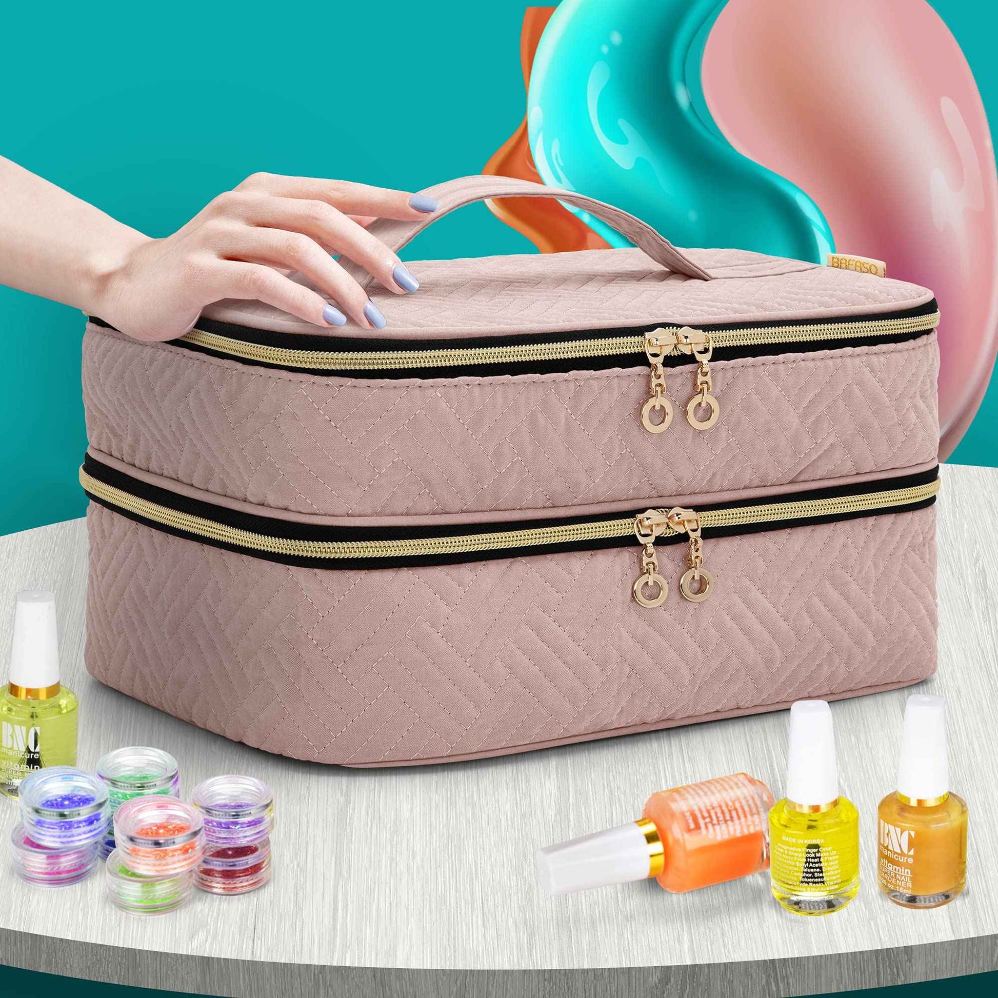 BAFASO Nail Polish Organizer Holds 40 Bottles (15ml - 0.5 fl.oz), Nail Polish Case with Manicure Tools Storage Sections (Patented Design), Pale Rose