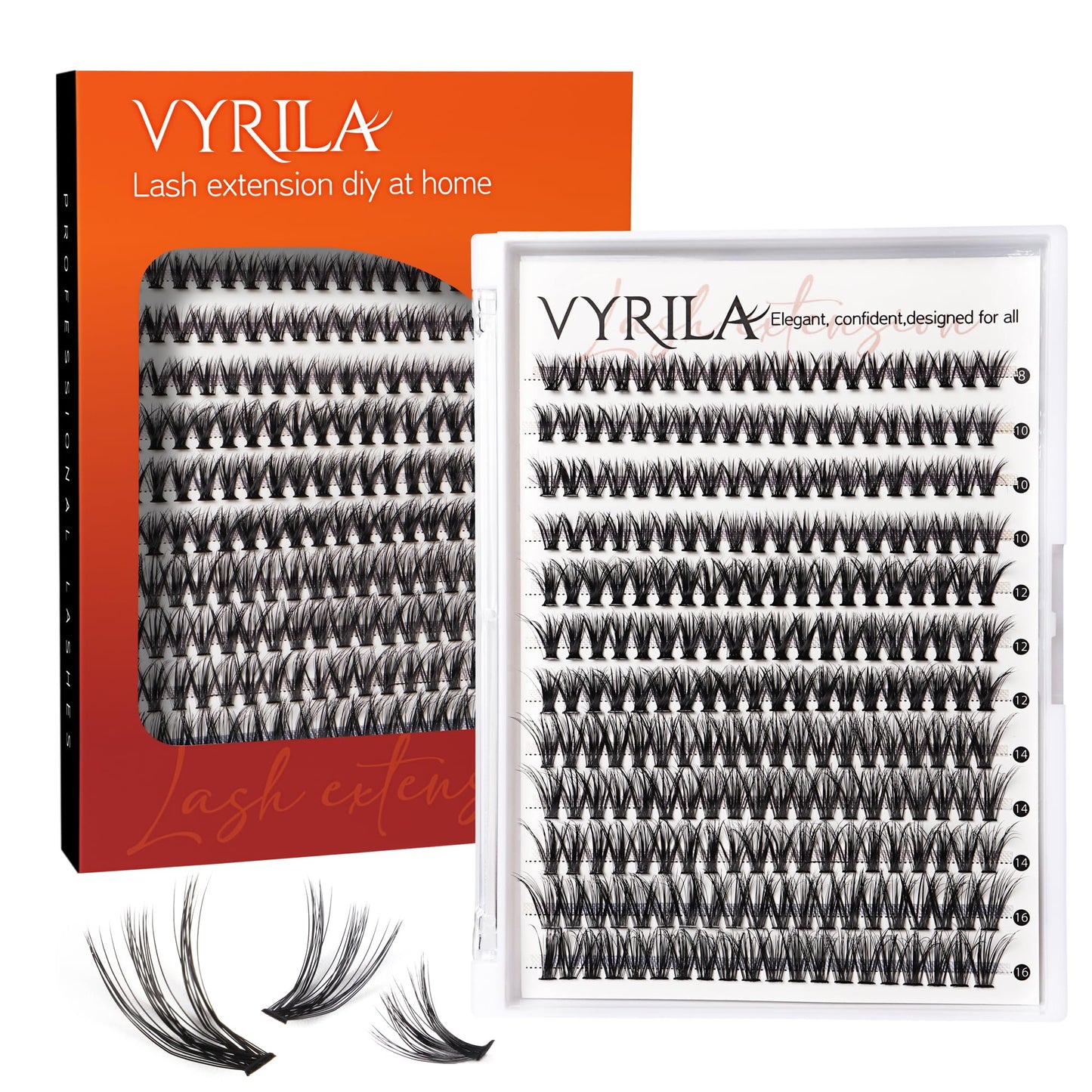 VYRILA Lash Cluster 240pcs Individual Lashes,8-16mm Diy Lash Extension,D Curl Lash Clusters Wispy,3D Natural Lash Clusters Look Like Eyelash Extension DIY at Home (Orange 40P-D-8-16mix)