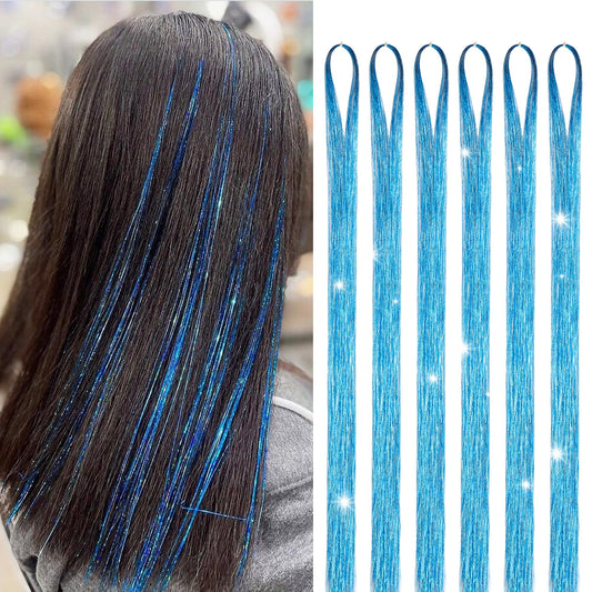 GOO GOO Hair Tinsel Extension, 1200 Strands of 48 Inch, 6 pcs Heat Resistant Glitter Highlights for Hair, Sparkling Glitter Strands for Women & Girls, Ideal for Christmas & Cosplay Parties (Sky Blue)